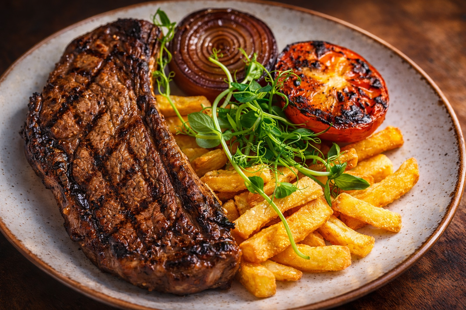 grilled steak with fries